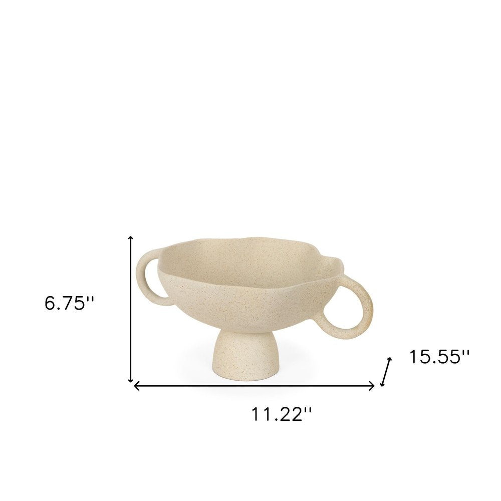 11" Beige Cast Aluminum Round Pedestal Centerpiece Bowl With Handles