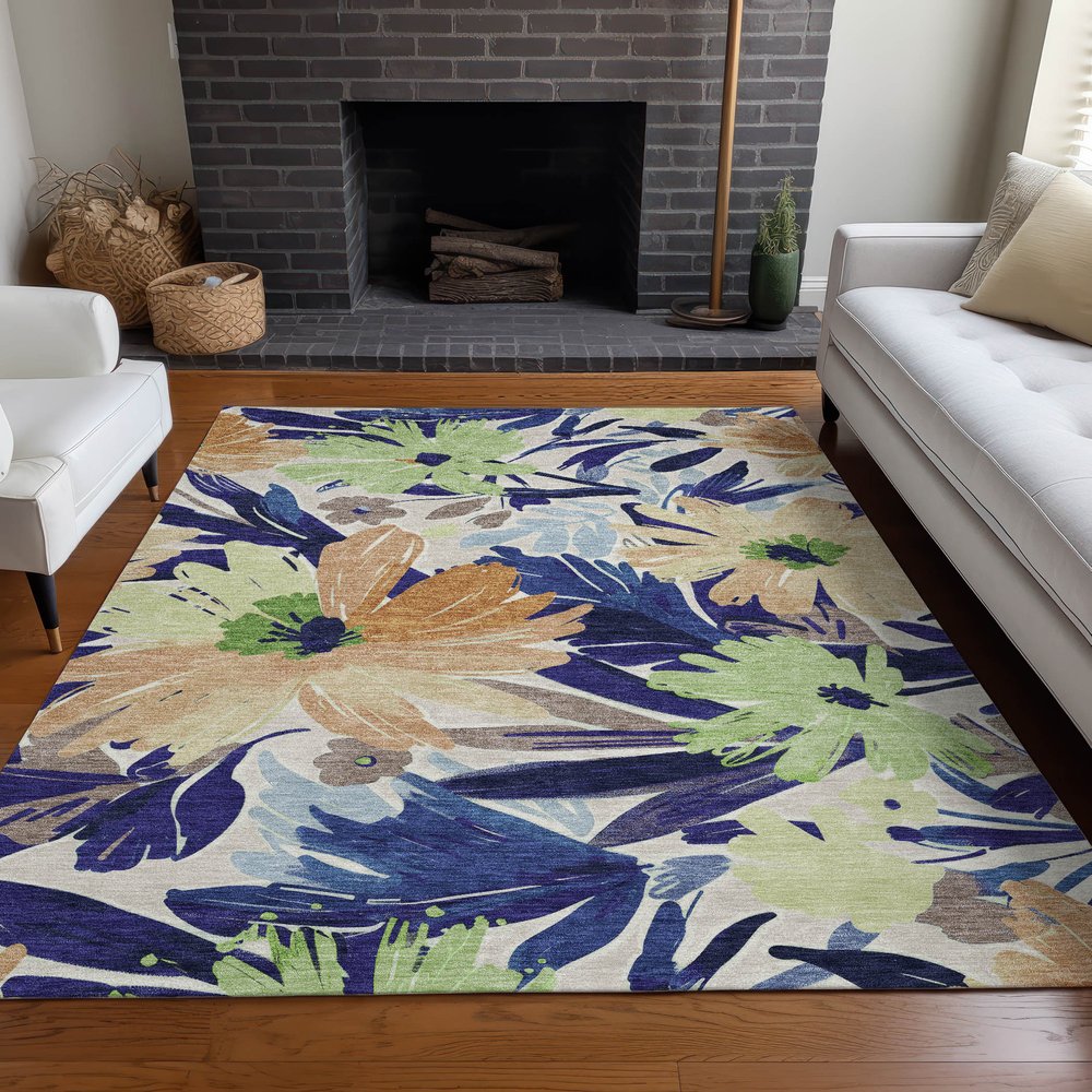8' X 10' Navy Blue And Beige Floral Washable Indoor Outdoor Area Rug