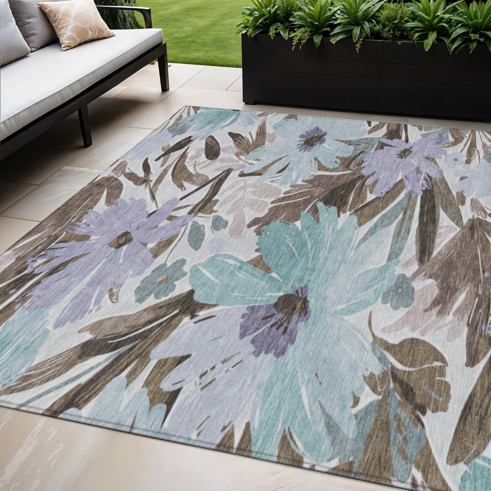3' X 5' Taupe And Lilac Floral Washable Indoor Outdoor Area Rug