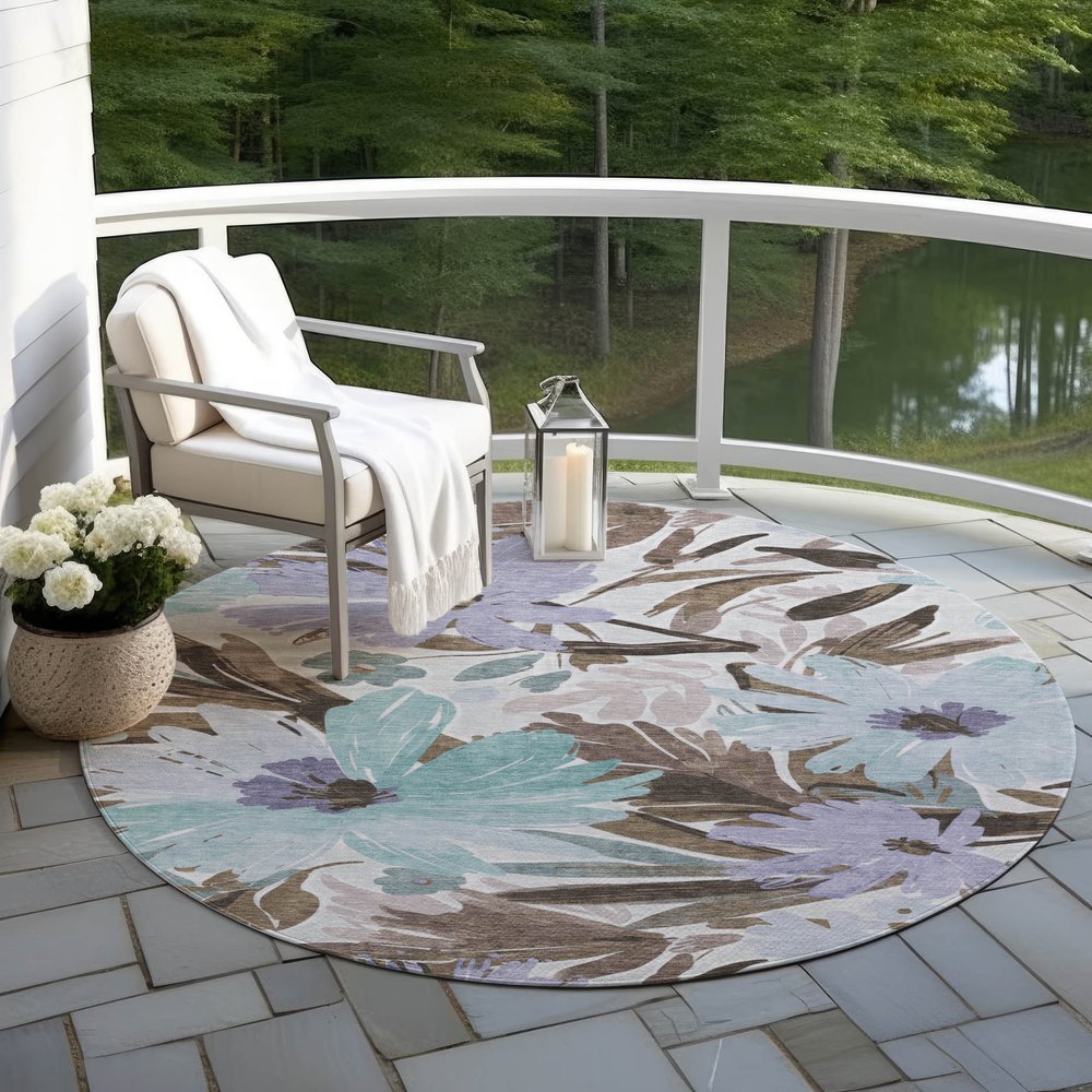3' X 5' Taupe And Lilac Floral Washable Indoor Outdoor Area Rug