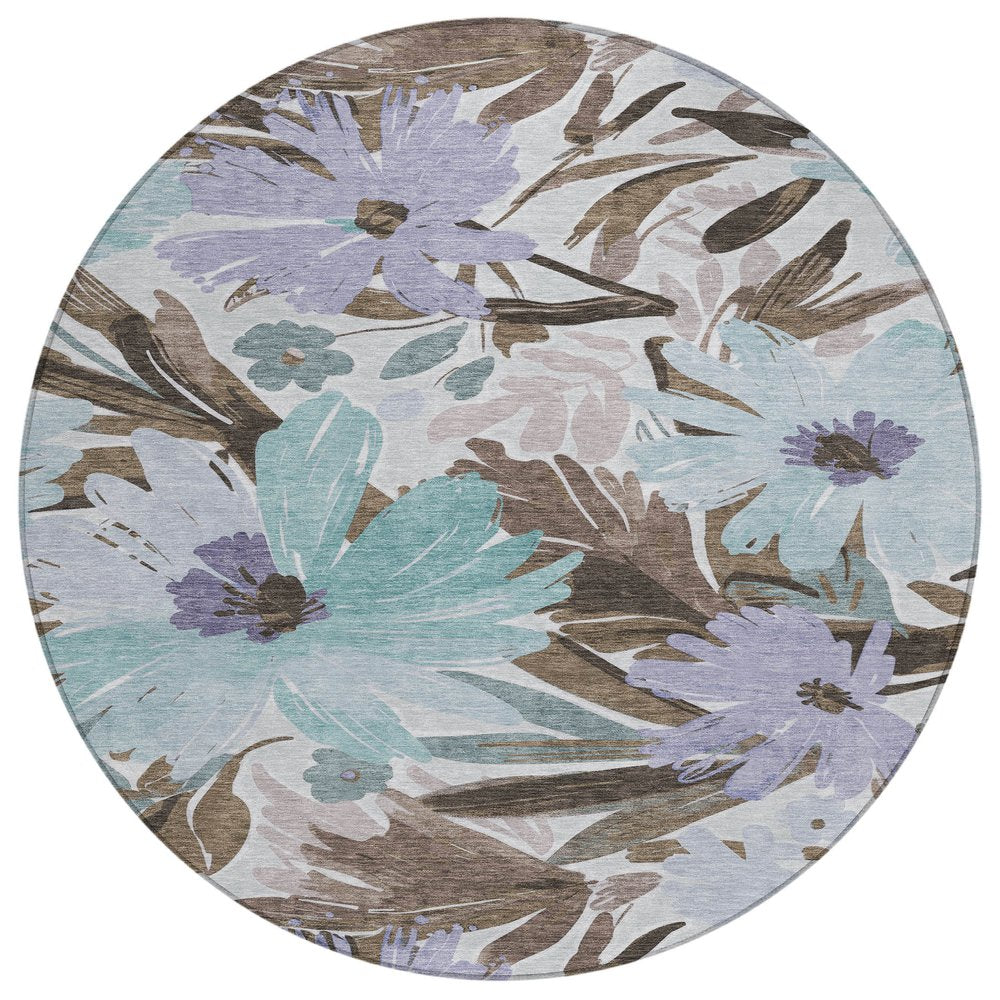 3' X 5' Taupe And Lilac Floral Washable Indoor Outdoor Area Rug