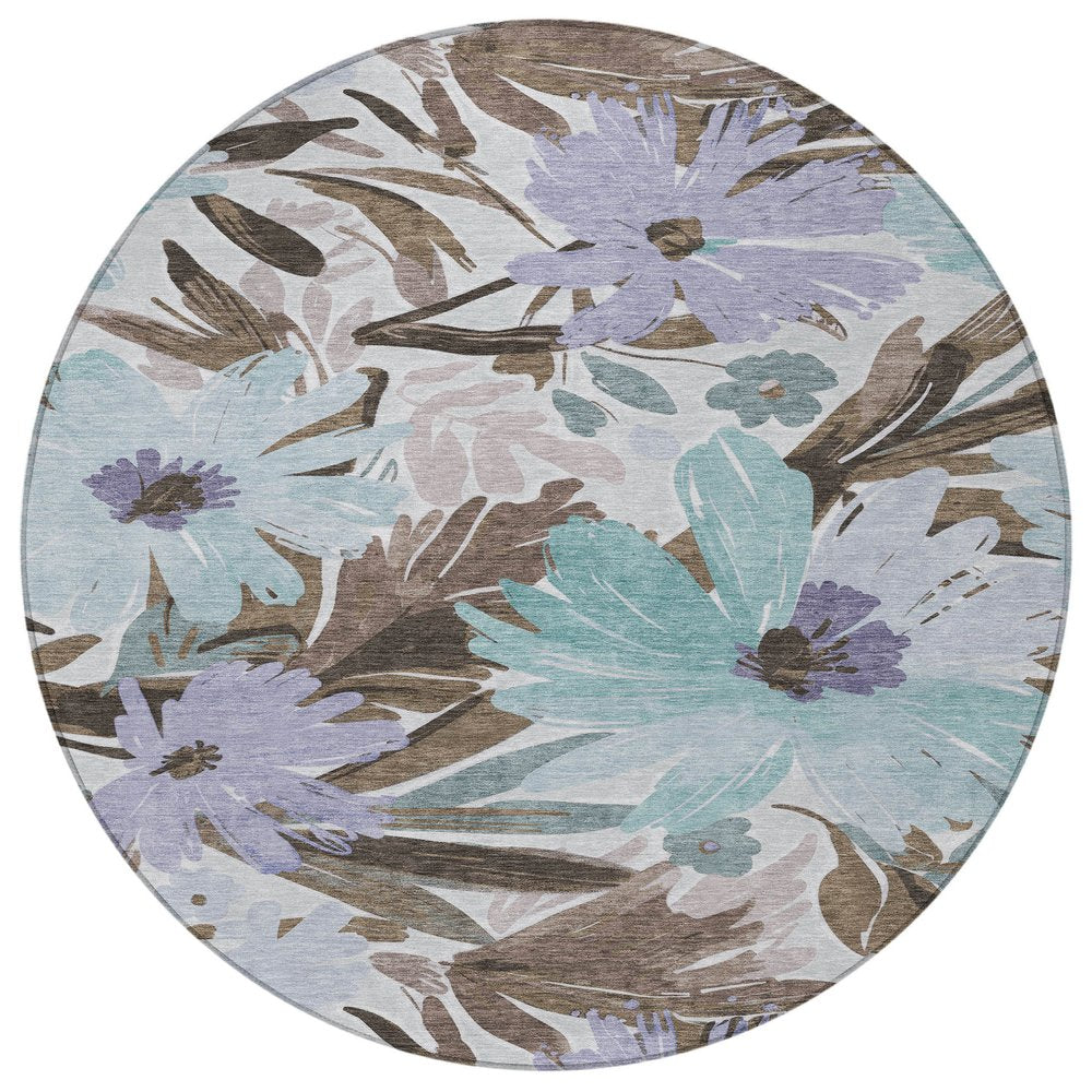 3' X 5' Taupe And Lilac Floral Washable Indoor Outdoor Area Rug