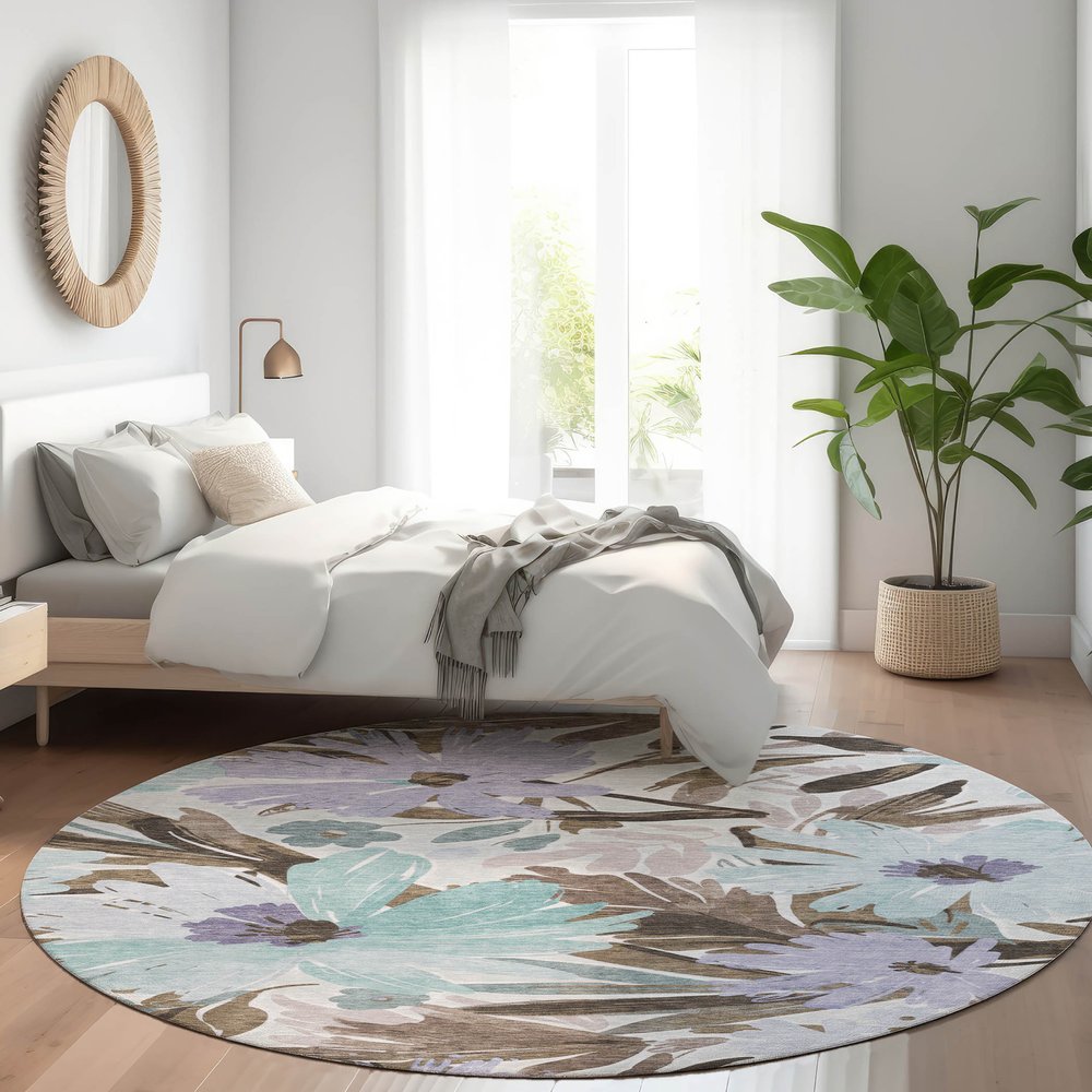 3' X 5' Taupe And Lilac Floral Washable Indoor Outdoor Area Rug