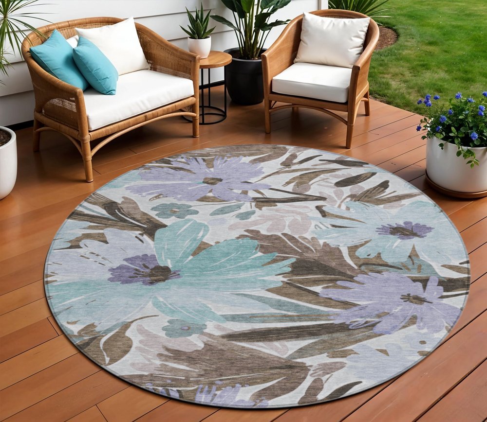 3' X 5' Taupe And Lilac Floral Washable Indoor Outdoor Area Rug