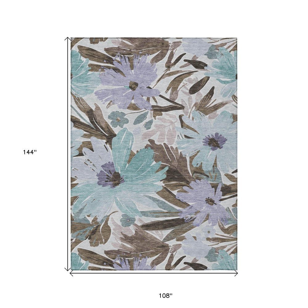 3' X 5' Taupe And Lilac Floral Washable Indoor Outdoor Area Rug