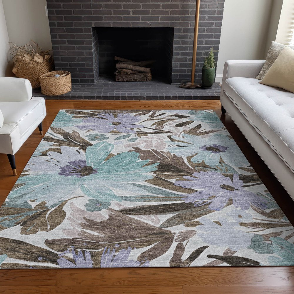3' X 5' Taupe And Lilac Floral Washable Indoor Outdoor Area Rug