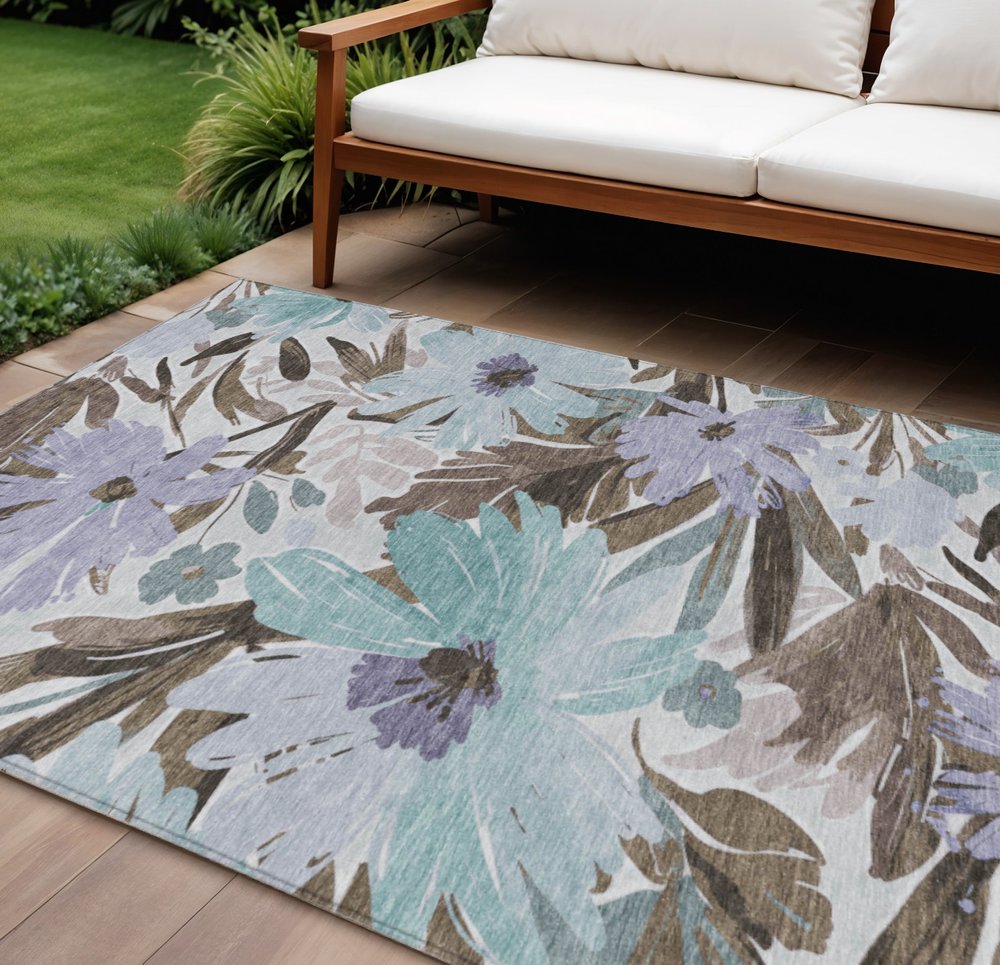 3' X 5' Taupe And Lilac Floral Washable Indoor Outdoor Area Rug