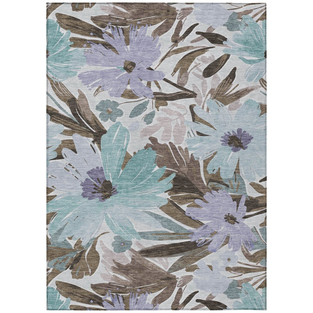 3' X 5' Taupe And Lilac Floral Washable Indoor Outdoor Area Rug