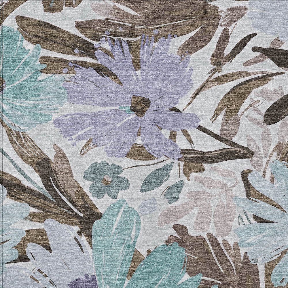3' X 5' Taupe And Lilac Floral Washable Indoor Outdoor Area Rug