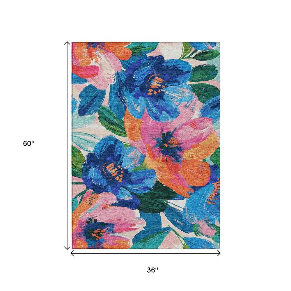 3' X 5' Navy Blue And Sky Blue Floral Washable Indoor Outdoor Area Rug