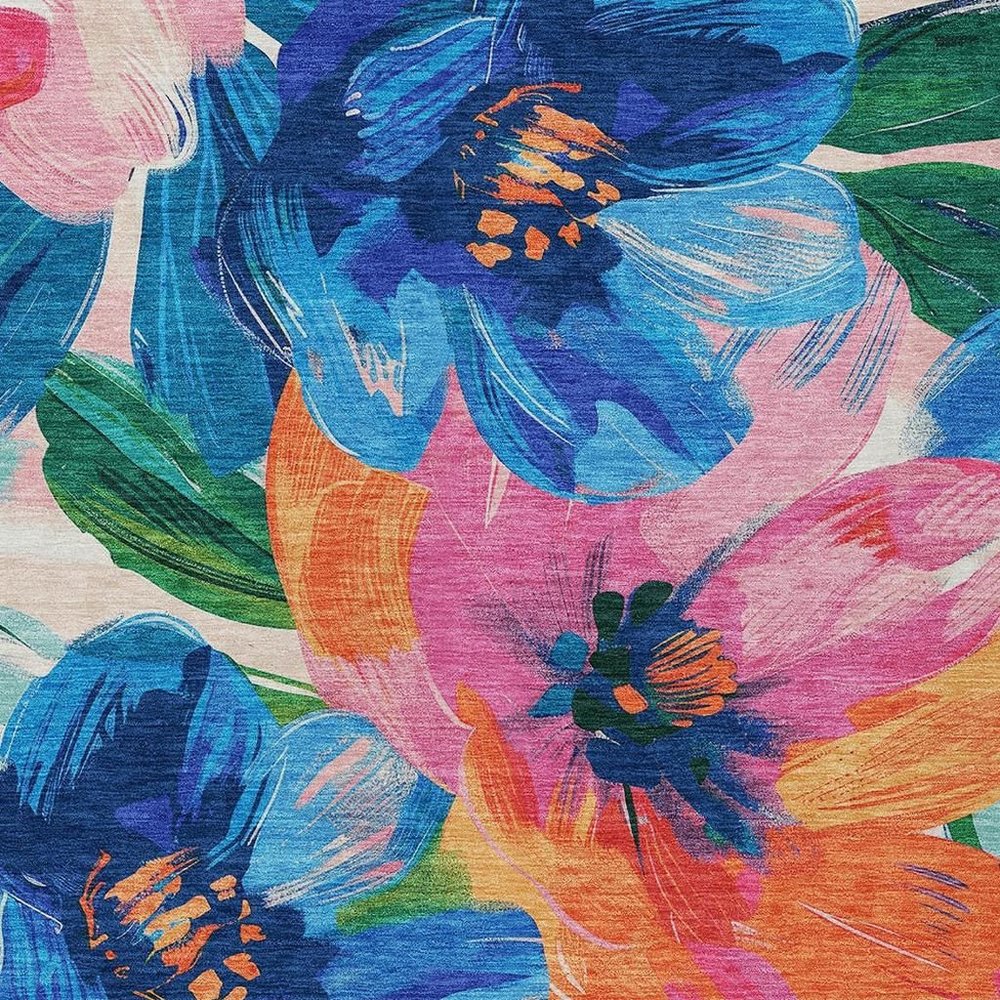 3' X 5' Navy Blue And Sky Blue Floral Washable Indoor Outdoor Area Rug