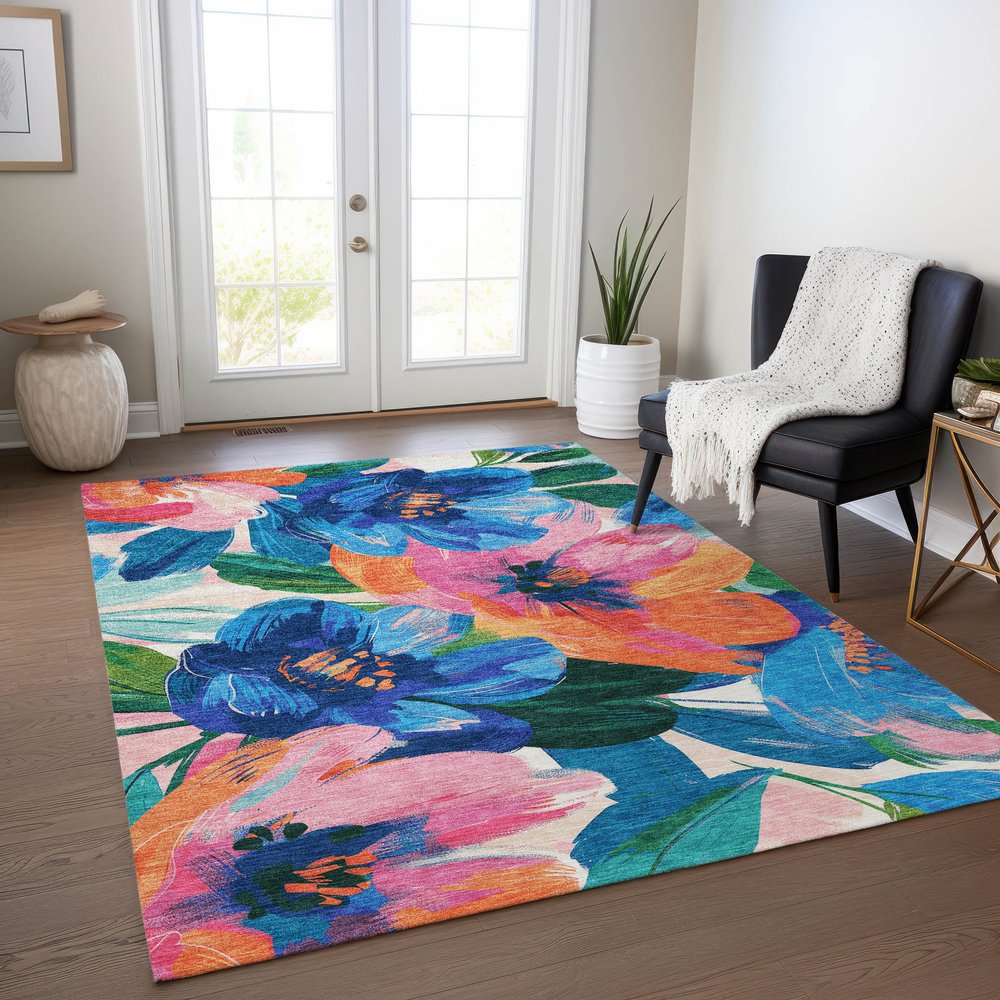 3' X 5' Navy Blue And Sky Blue Floral Washable Indoor Outdoor Area Rug