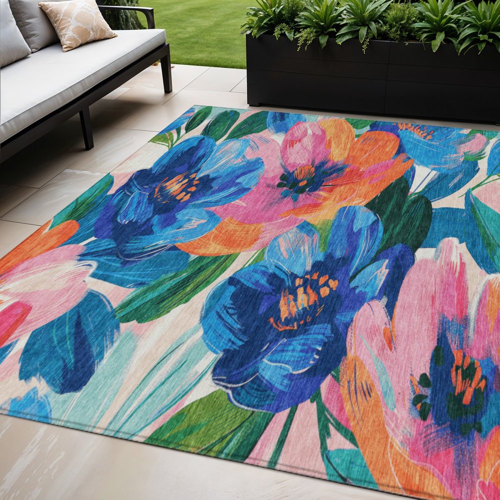 3' X 5' Navy Blue And Sky Blue Floral Washable Indoor Outdoor Area Rug