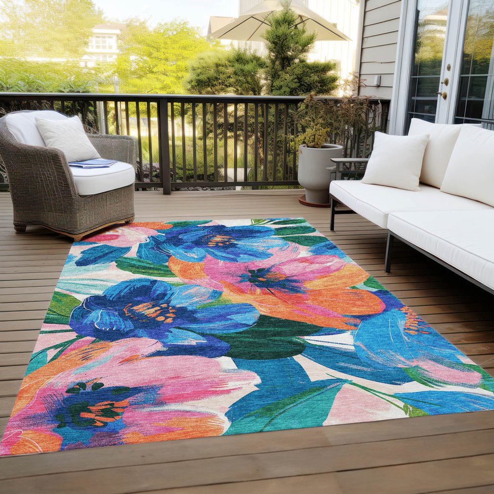 3' X 5' Navy Blue And Sky Blue Floral Washable Indoor Outdoor Area Rug