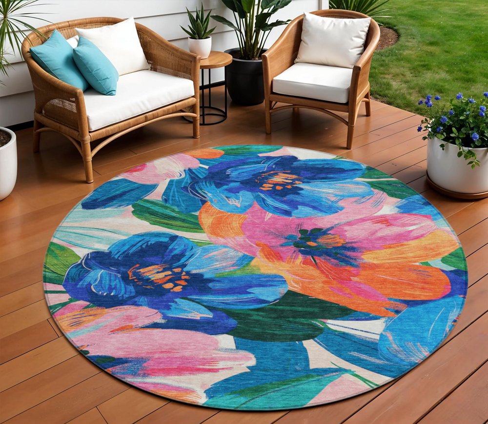 3' X 5' Navy Blue And Sky Blue Floral Washable Indoor Outdoor Area Rug