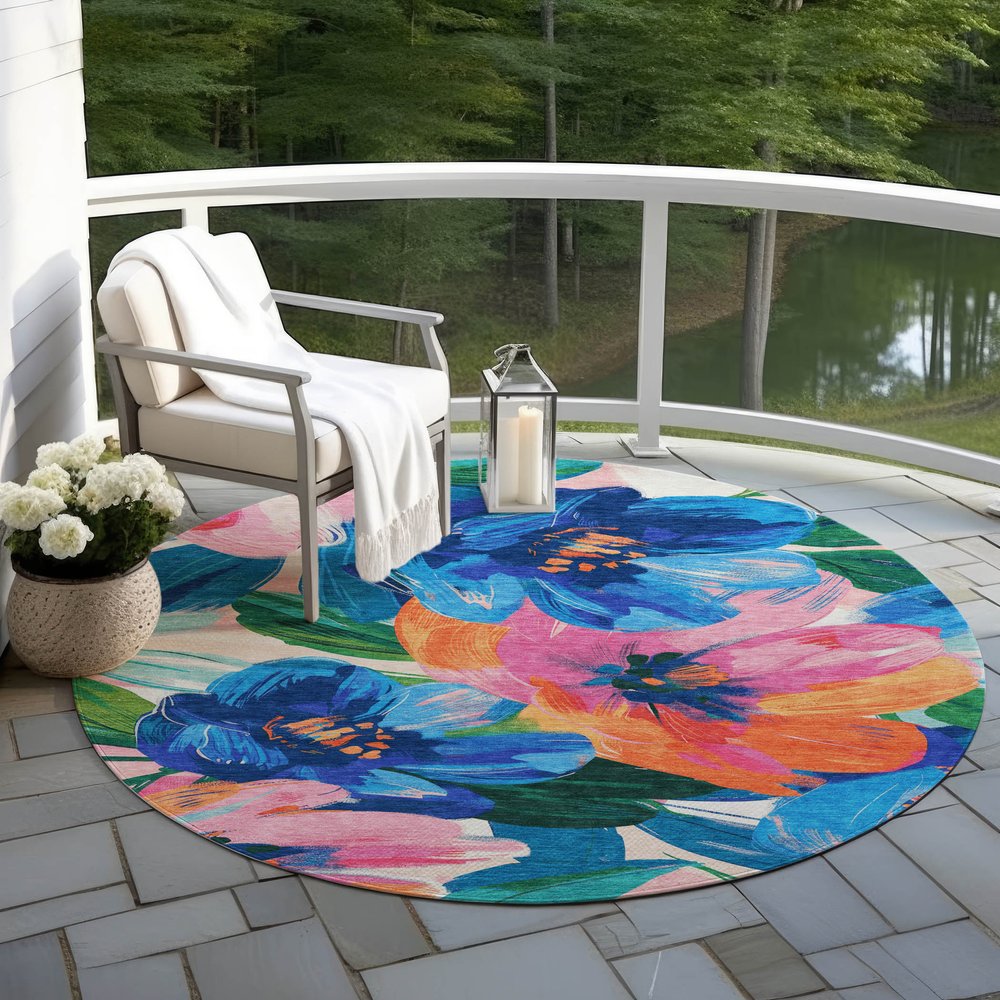 3' X 5' Navy Blue And Sky Blue Floral Washable Indoor Outdoor Area Rug