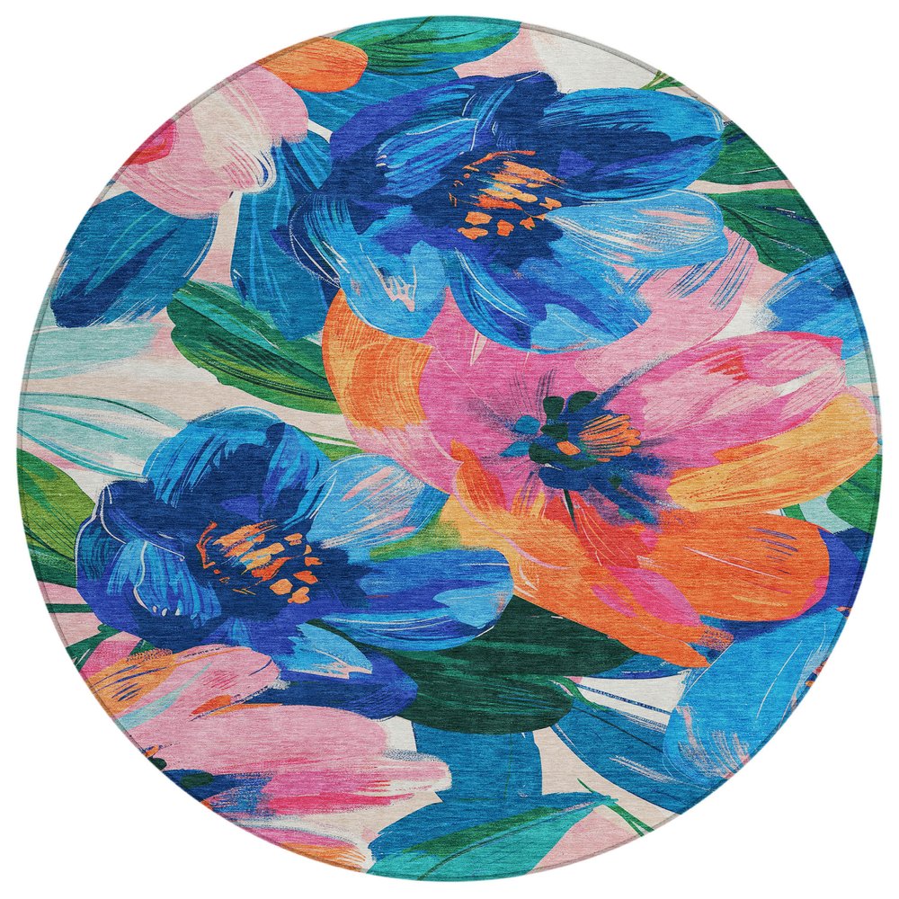 3' X 5' Navy Blue And Sky Blue Floral Washable Indoor Outdoor Area Rug