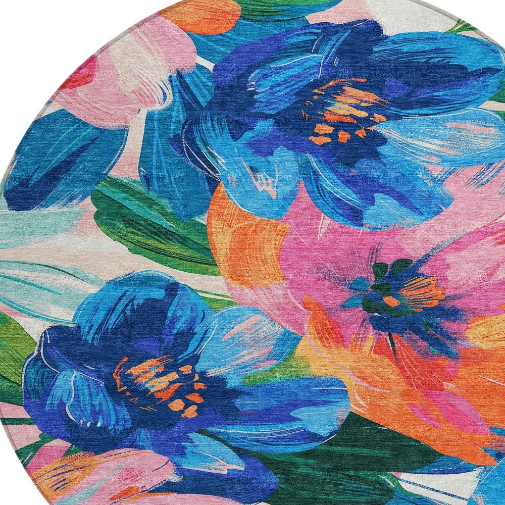 3' X 5' Navy Blue And Sky Blue Floral Washable Indoor Outdoor Area Rug