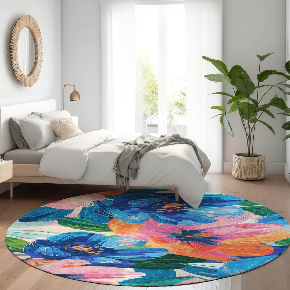 3' X 5' Navy Blue And Sky Blue Floral Washable Indoor Outdoor Area Rug