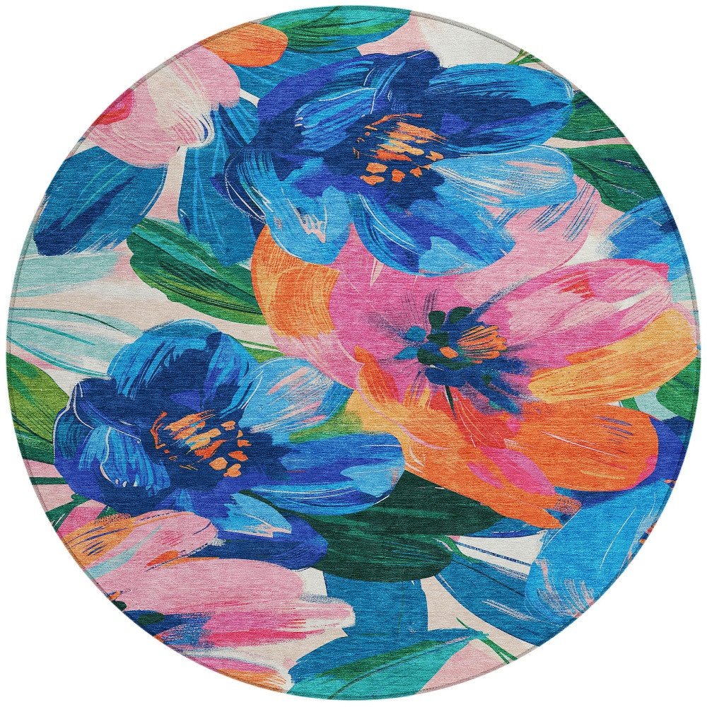 3' X 5' Navy Blue And Sky Blue Floral Washable Indoor Outdoor Area Rug