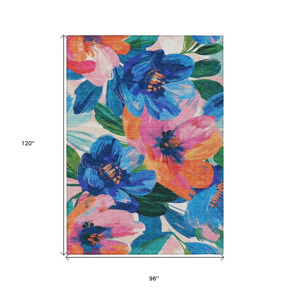 3' X 5' Navy Blue And Sky Blue Floral Washable Indoor Outdoor Area Rug