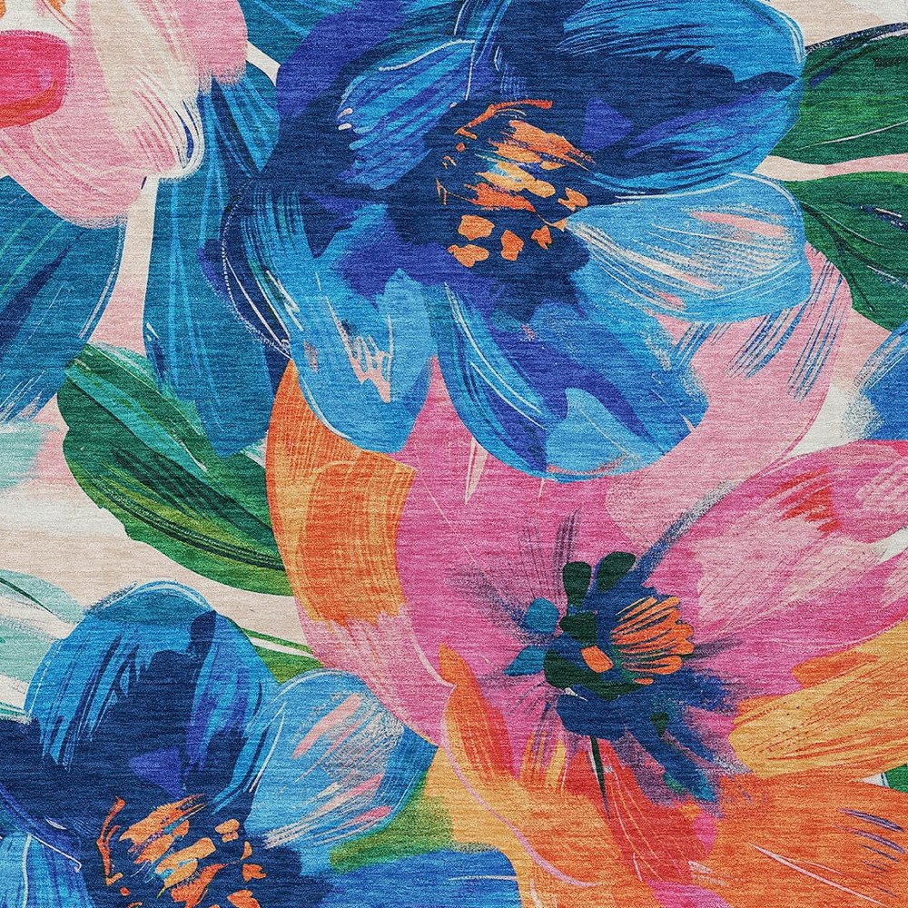 3' X 5' Navy Blue And Sky Blue Floral Washable Indoor Outdoor Area Rug