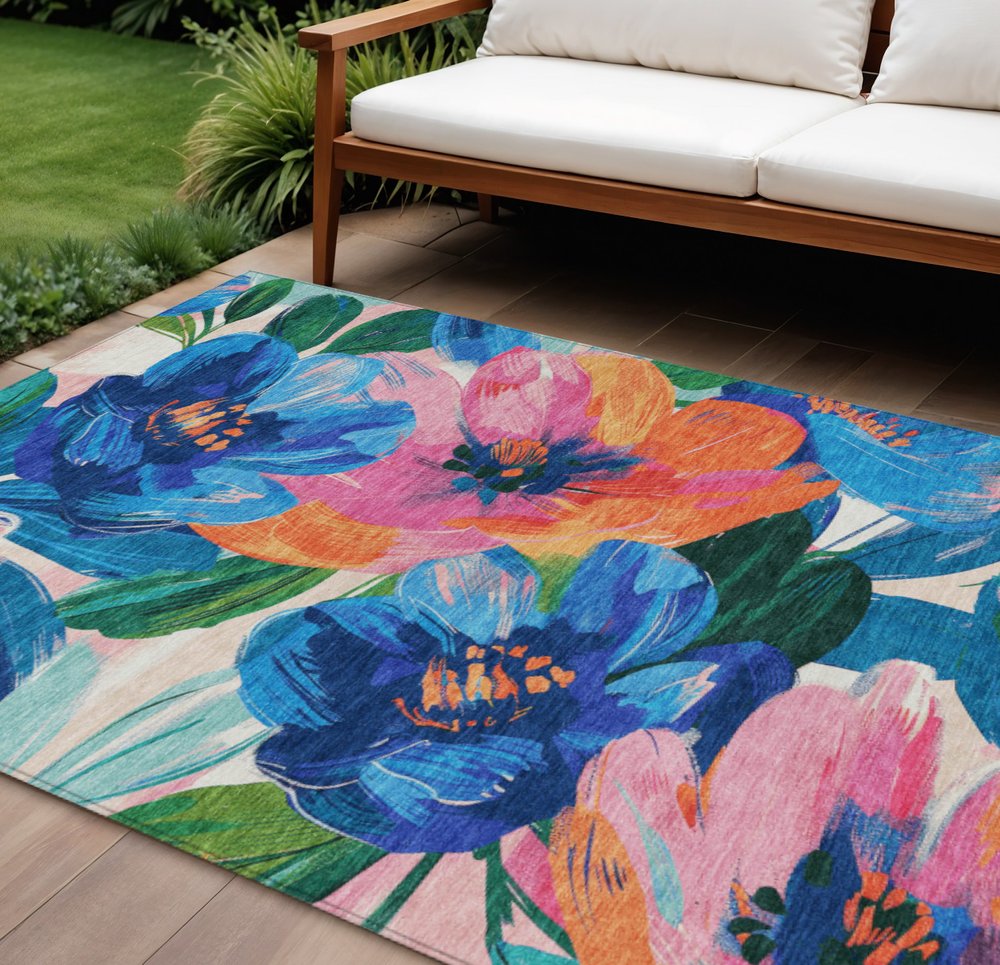 3' X 5' Navy Blue And Sky Blue Floral Washable Indoor Outdoor Area Rug