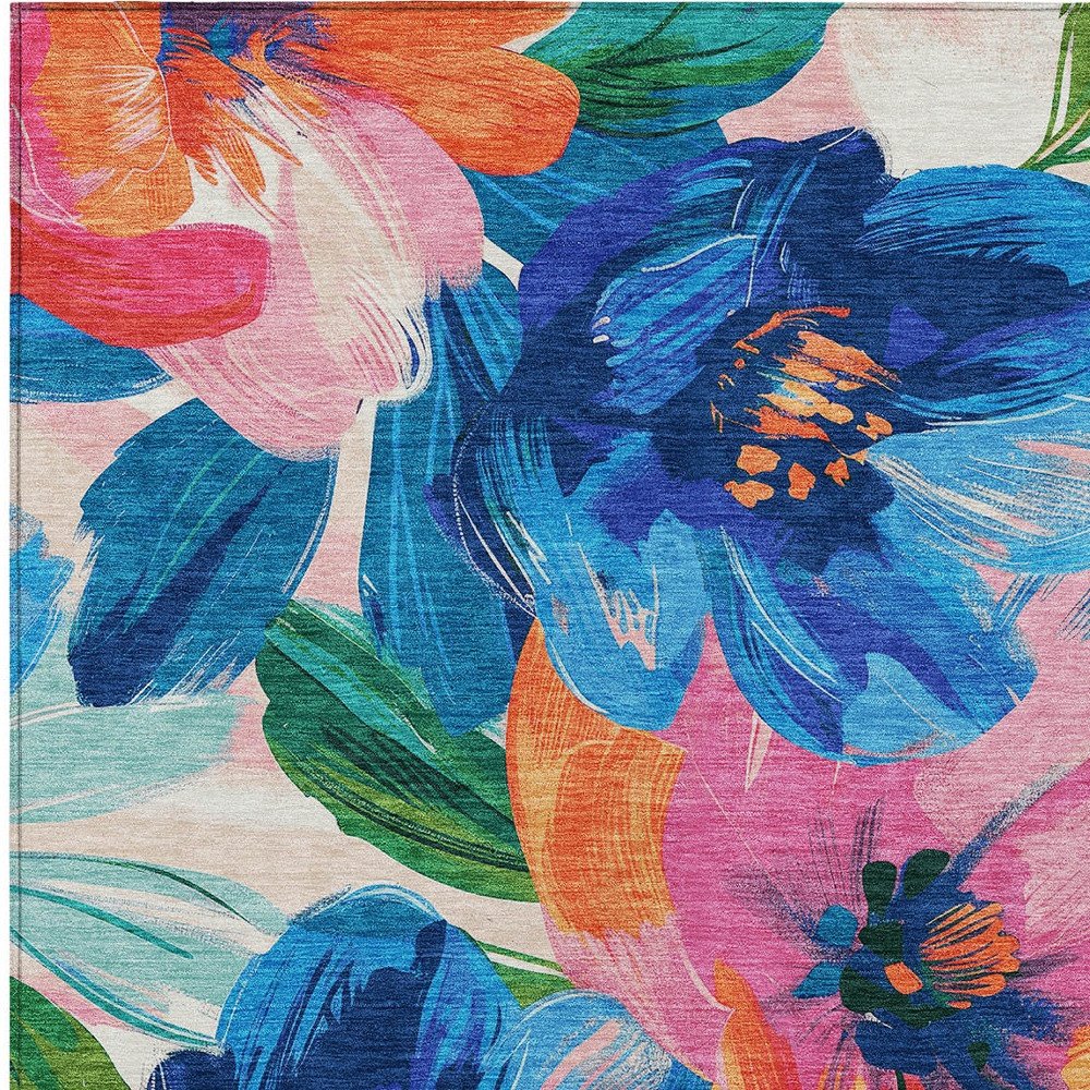 3' X 5' Navy Blue And Sky Blue Floral Washable Indoor Outdoor Area Rug