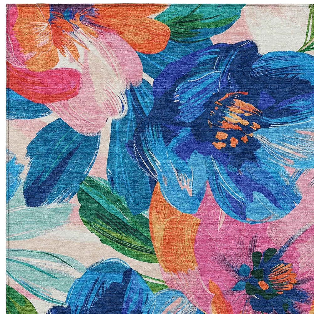 3' X 5' Navy Blue And Sky Blue Floral Washable Indoor Outdoor Area Rug