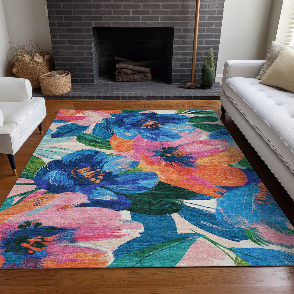 3' X 5' Navy Blue And Sky Blue Floral Washable Indoor Outdoor Area Rug