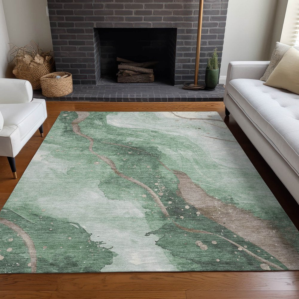 3' X 5' Green And Taupe Abstract Washable Indoor Outdoor Area Rug