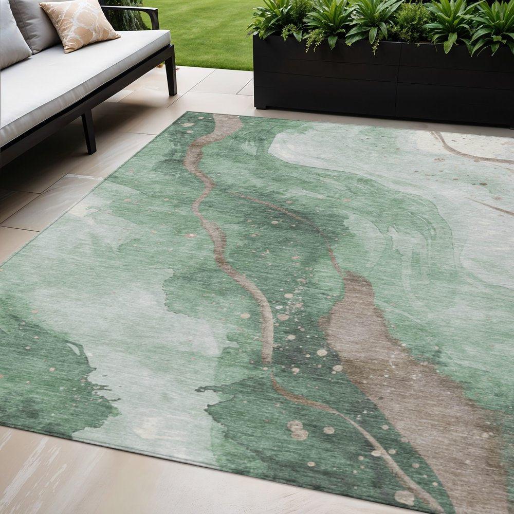 3' X 5' Green And Taupe Abstract Washable Indoor Outdoor Area Rug