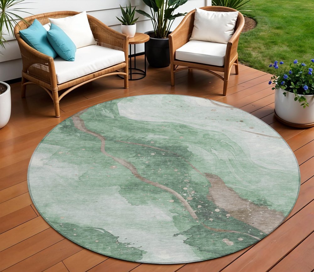 3' X 5' Green And Taupe Abstract Washable Indoor Outdoor Area Rug