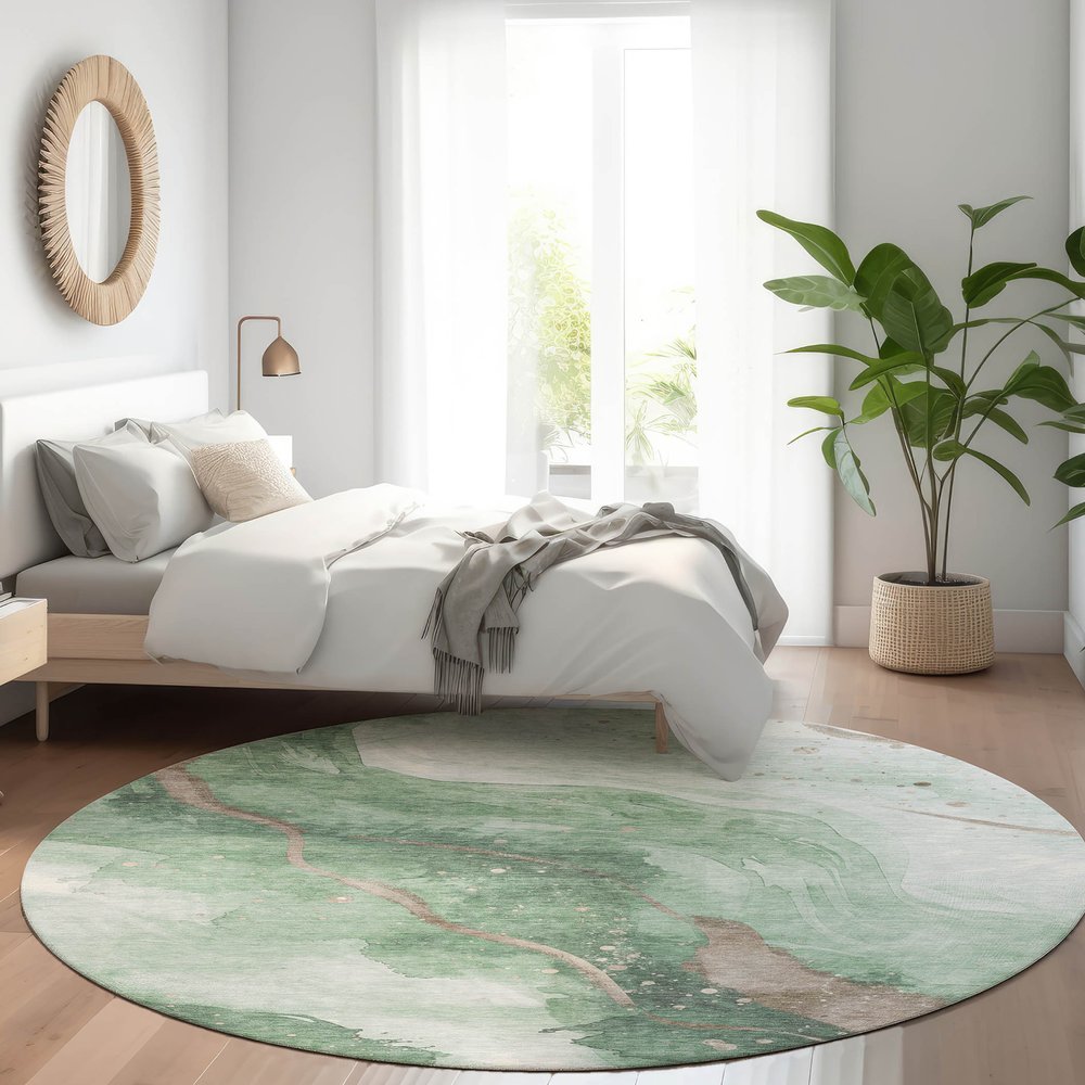 3' X 5' Green And Taupe Abstract Washable Indoor Outdoor Area Rug