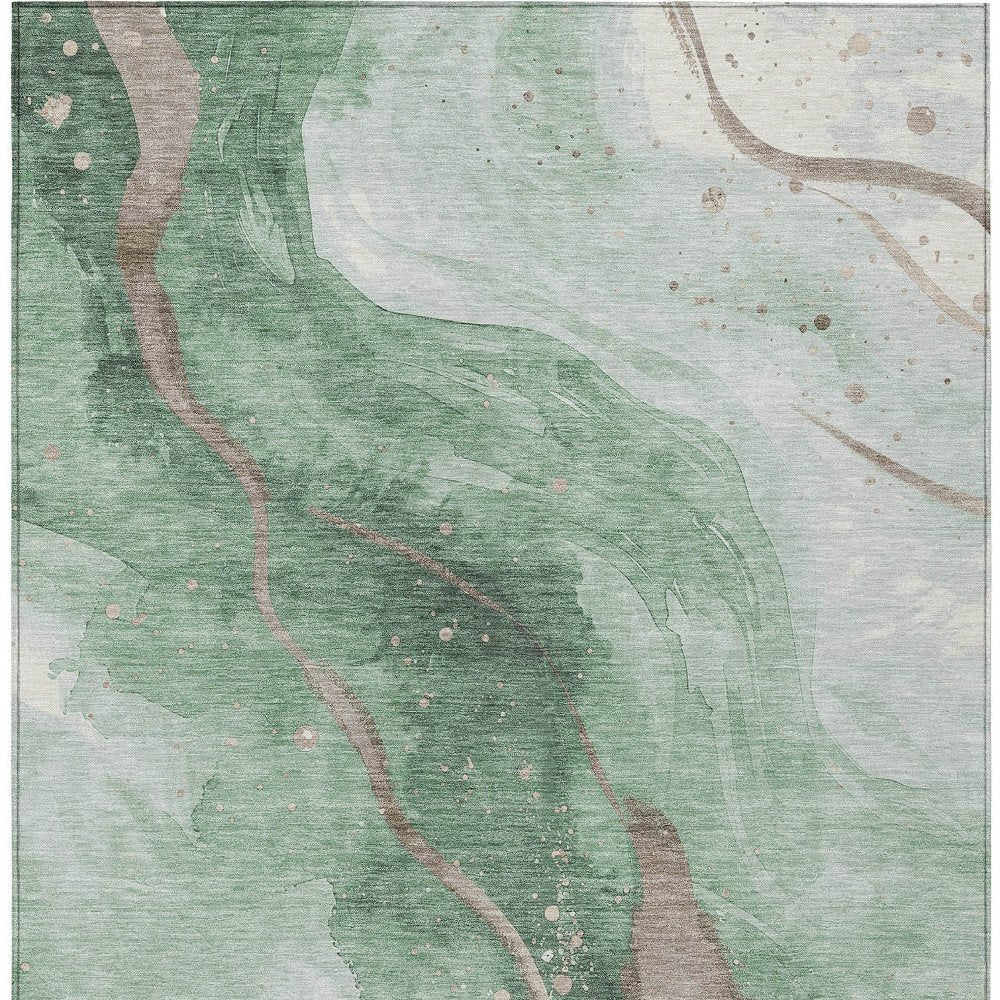 3' X 5' Green And Taupe Abstract Washable Indoor Outdoor Area Rug