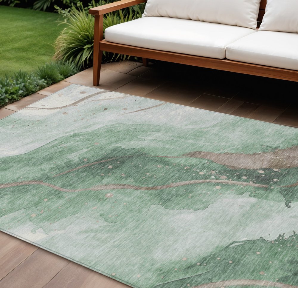 3' X 5' Green And Taupe Abstract Washable Indoor Outdoor Area Rug