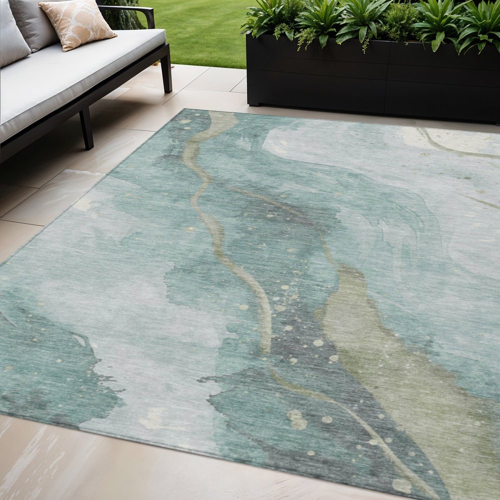 3' X 5' Teal Blue And Aqua Abstract Washable Indoor Outdoor Area Rug