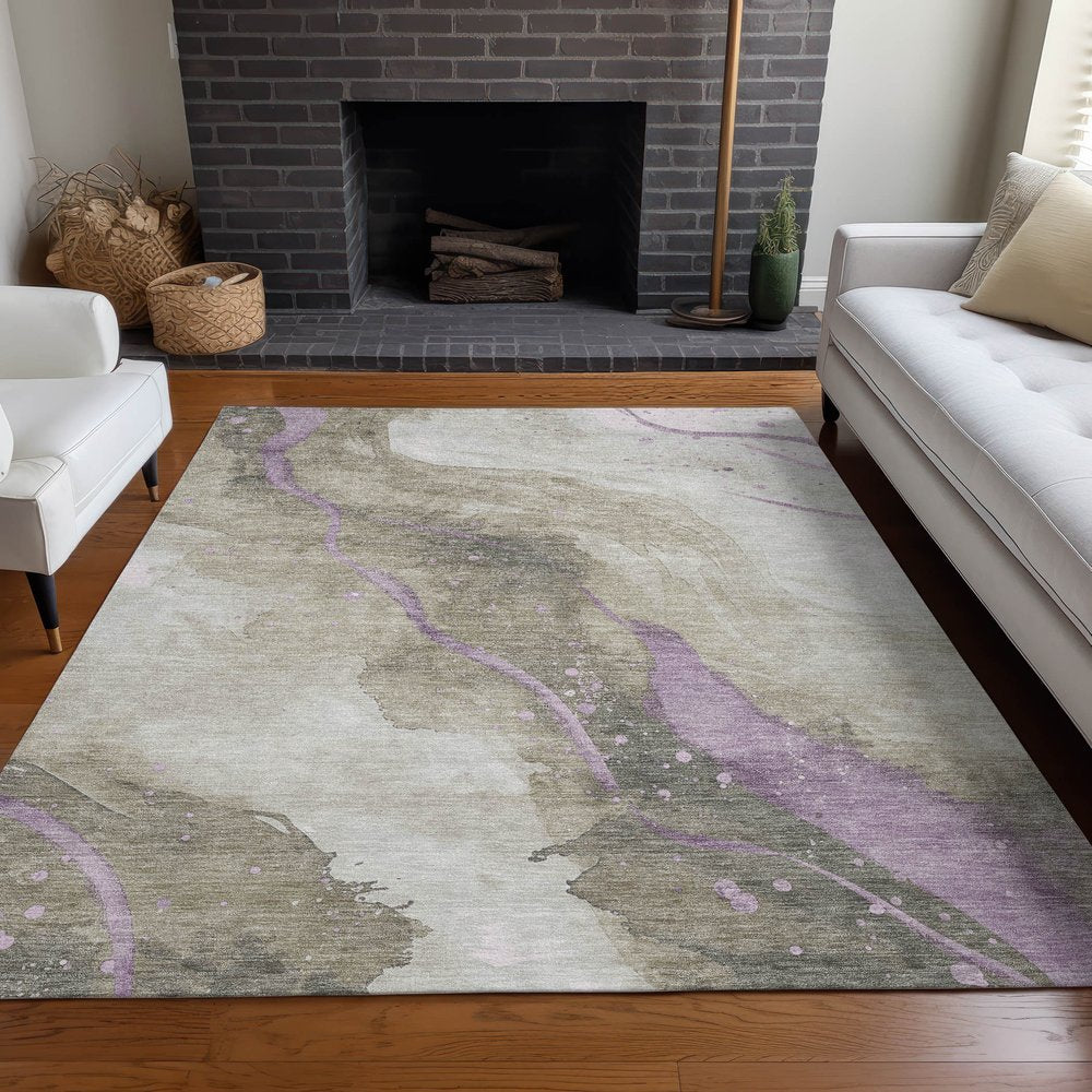 3' X 5' Taupe And Lavender Abstract Washable Indoor Outdoor Area Rug