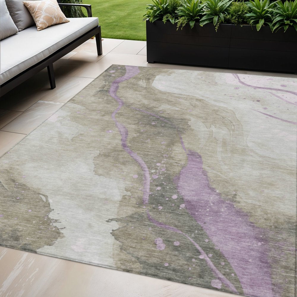 3' X 5' Taupe And Lavender Abstract Washable Indoor Outdoor Area Rug