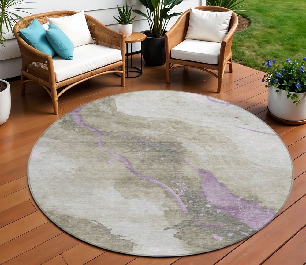 3' X 5' Taupe And Lavender Abstract Washable Indoor Outdoor Area Rug