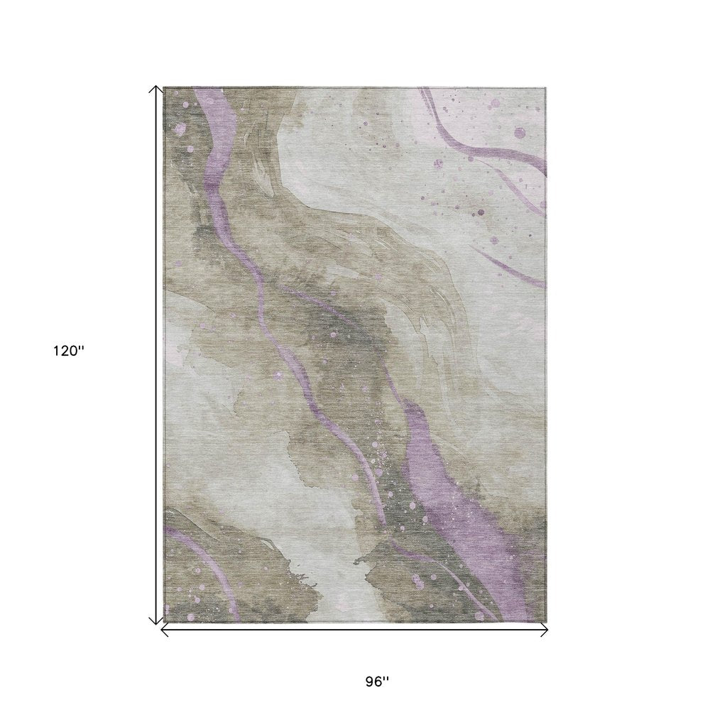 3' X 5' Taupe And Lavender Abstract Washable Indoor Outdoor Area Rug