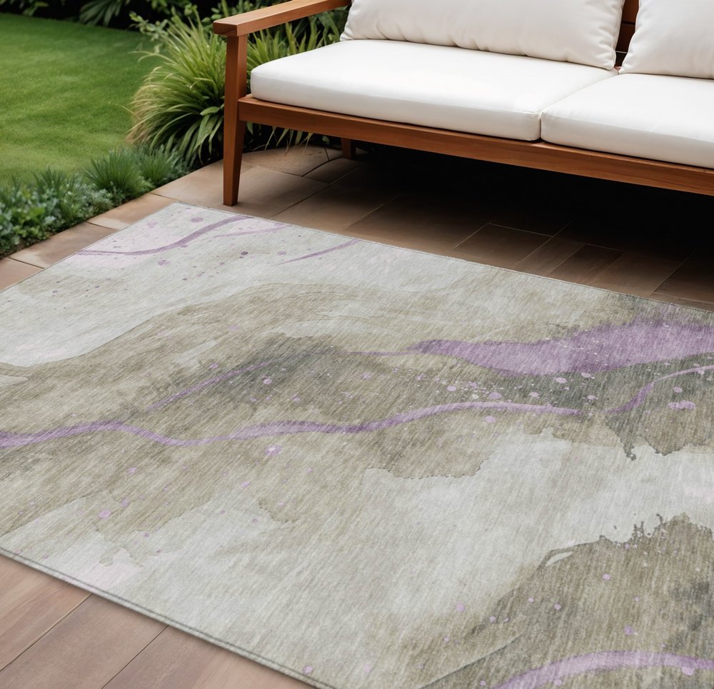 3' X 5' Taupe And Lavender Abstract Washable Indoor Outdoor Area Rug