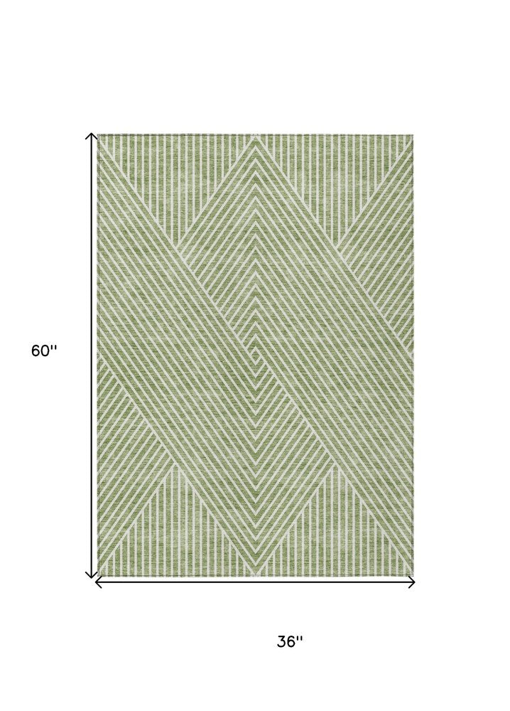 3' X 5' Sage And Ivory Geometric Washable Indoor Outdoor Area Rug