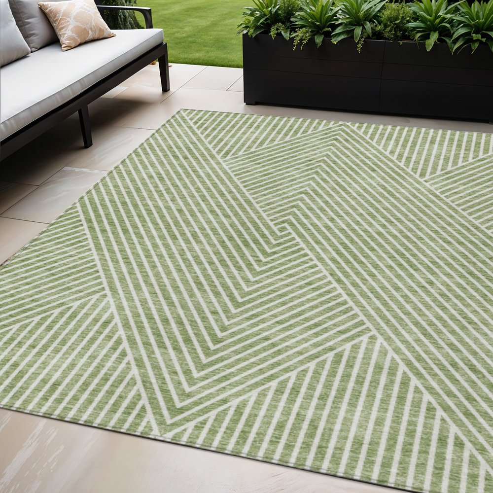 3' X 5' Sage And Ivory Geometric Washable Indoor Outdoor Area Rug