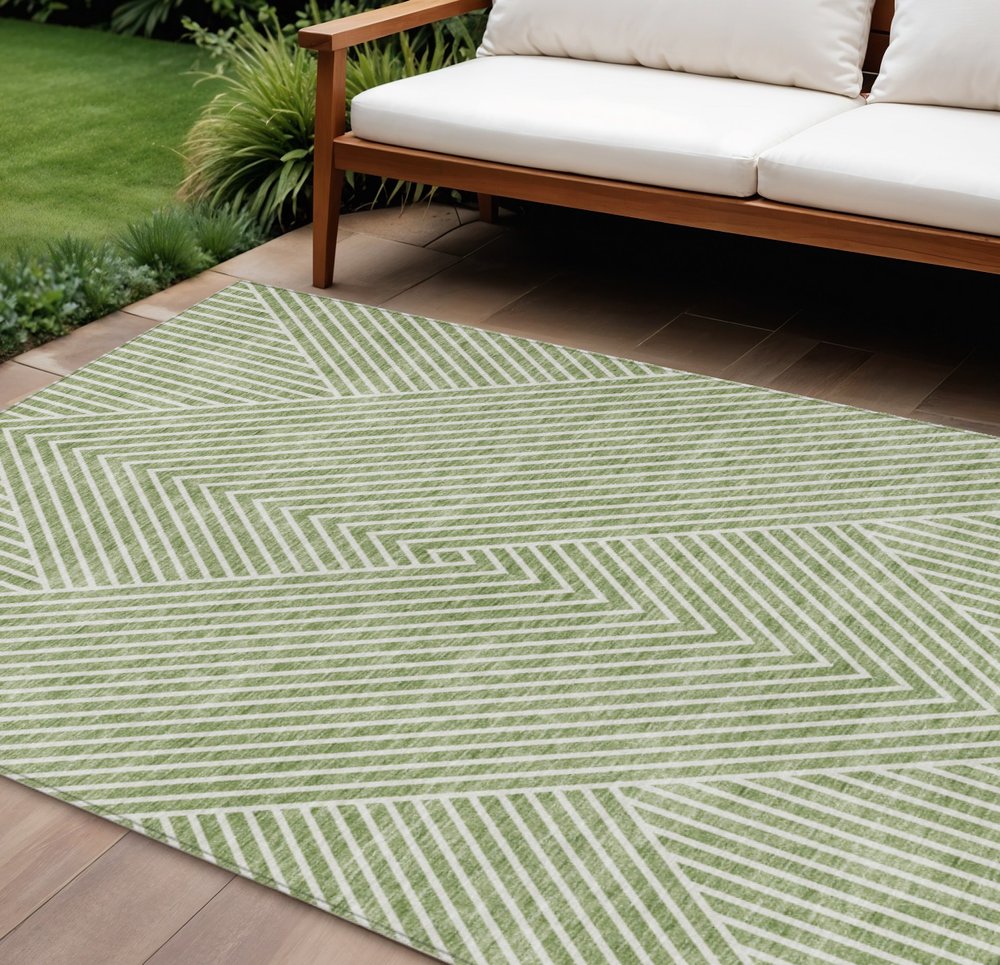 3' X 5' Sage And Ivory Geometric Washable Indoor Outdoor Area Rug