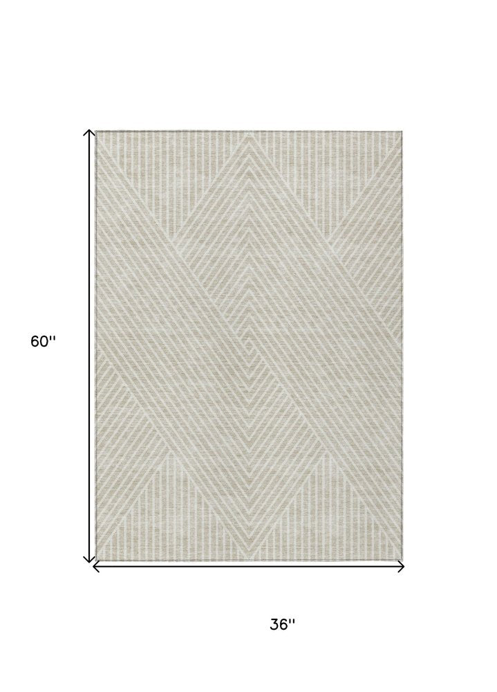 3' X 5' Beige And Ivory Geometric Washable Indoor Outdoor Area Rug