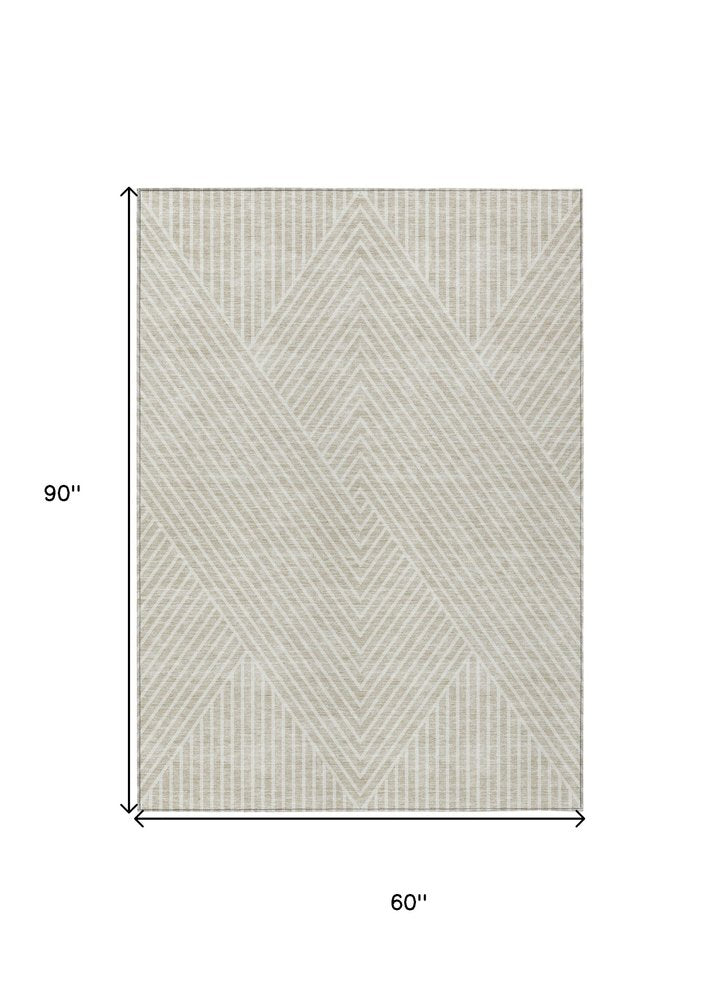 3' X 5' Beige And Ivory Geometric Washable Indoor Outdoor Area Rug
