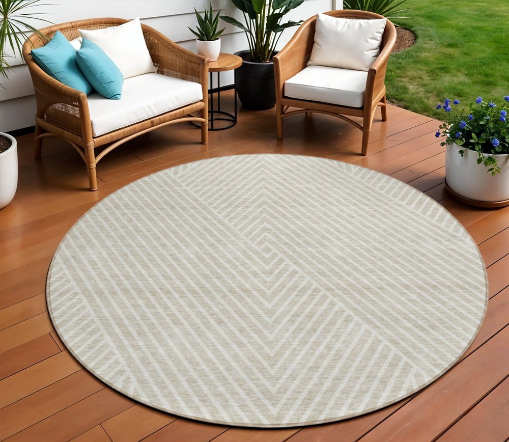 3' X 5' Beige And Ivory Geometric Washable Indoor Outdoor Area Rug