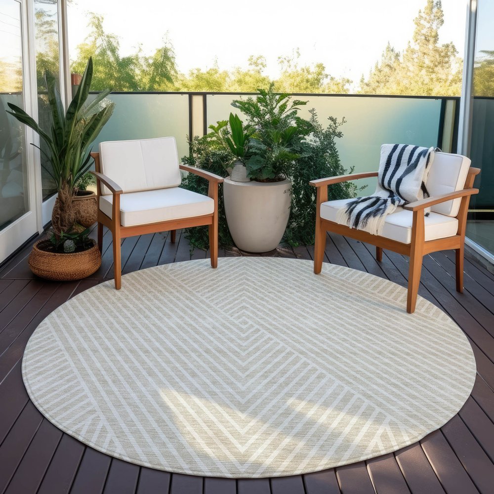 3' X 5' Beige And Ivory Geometric Washable Indoor Outdoor Area Rug