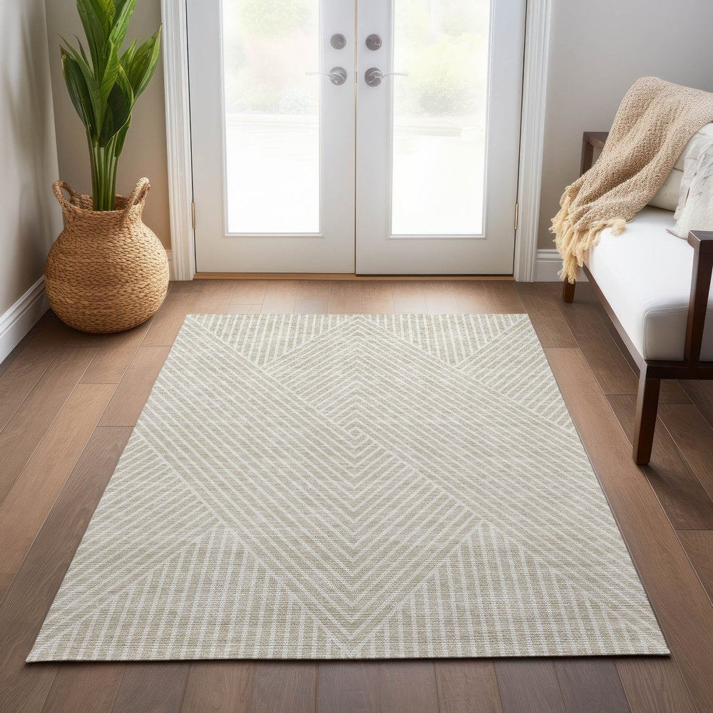 3' X 5' Beige And Ivory Geometric Washable Indoor Outdoor Area Rug